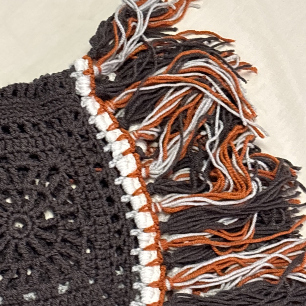 Handmade Boho Poncho Shawl  & Hat Fringe Gray Orange One Size Fits Most‎ Fall - Picture 6 of 12